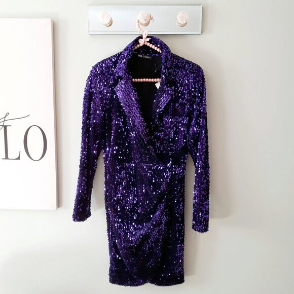 NWT Zara purple crushed velvet-like sequin blazer long sleeve short dress, S - Picture 13 of 15